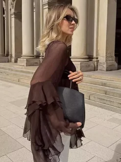 Chemisier en mousseline transparente à manches évasées pour femme - Style bohème marron volants étagés coupe ample - Idéal pour les soirées de printemps 2026