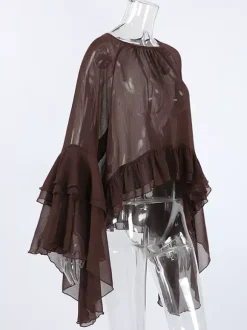 Chemisier en mousseline transparente à manches évasées pour femme - Style bohème marron volants étagés coupe ample - Idéal pour les soirées de printemps 2026