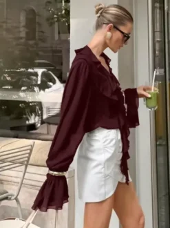 Chemisier en mousseline à volants pour femme - Bordeaux élégant à manches longues évasées et n艙ud sur le devant - Idéal pour le printemps du bureau au dîner (2026)
