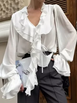 Chemisier en mousseline à volants pour femme - Bordeaux élégant à manches longues évasées et n艙ud sur le devant - Idéal pour le printemps du bureau au dîner (2026)