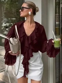 Chemisier en mousseline à volants pour femme - Bordeaux élégant à manches longues évasées et n艙ud sur le devant - Idéal pour le printemps du bureau au dîner (2026)