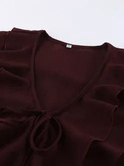 Chemisier en mousseline à volants pour femme - Bordeaux élégant à manches longues évasées et n艙ud sur le devant - Idéal pour le printemps du bureau au dîner (2026)