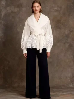 Chemisier en organza brodé à manches bouffantes pour femme - Chemise portefeuille transparente abricot bohème à nouer à la taille - Garden Party d'été 2026
