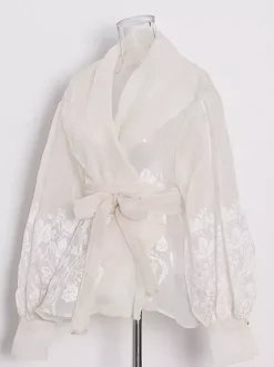 Chemisier en organza brodé à manches bouffantes pour femme - Chemise portefeuille transparente abricot bohème à nouer à la taille - Garden Party d'été 2026