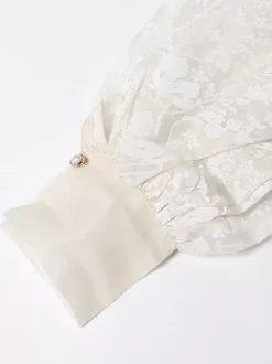 Chemisier en organza brodé à manches bouffantes pour femme - Chemise portefeuille transparente abricot bohème à nouer à la taille - Garden Party d'été 2026
