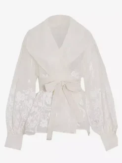 Chemisier en organza brodé à manches bouffantes pour femme - Chemise portefeuille transparente abricot bohème à nouer à la taille - Garden Party d'été 2026