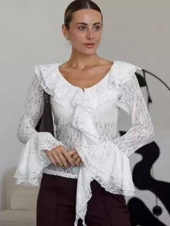 Chemisier femme en dentelle florale blanche - Haut élégant à volants et manches évasées - Collection Coquette Fairycore Printemps Soirée Clubwear 2026