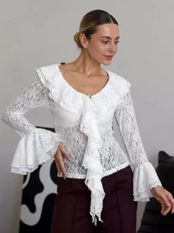 Chemisier femme en dentelle florale blanche - Haut élégant à volants et manches évasées - Collection Coquette Fairycore Printemps Soirée Clubwear 2026