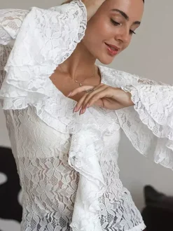 Chemisier femme en dentelle florale blanche - Haut élégant à volants et manches évasées - Collection Coquette Fairycore Printemps Soirée Clubwear 2026