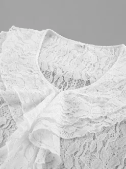 Chemisier femme en dentelle florale blanche - Haut élégant à volants et manches évasées - Collection Coquette Fairycore Printemps Soirée Clubwear 2026