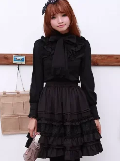 Chemisier lolita doux en polyester unicolore avec noeud col roulé Déguisements Halloween