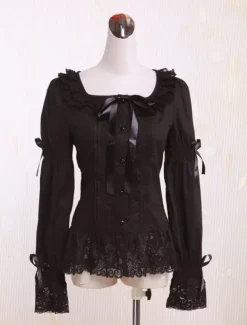 Chemisier lolita en coton noir longues manches de col à carreaux Déguisements Halloween