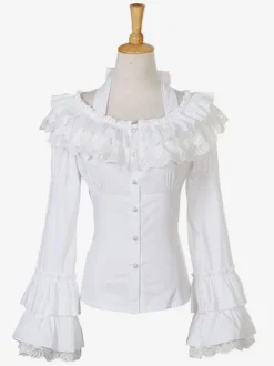 Chemisier lolita rococo en chiffon unicolore avec dentelle encolure dégagée Déguisements Halloween