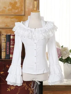 Chemisier lolita rococo en chiffon unicolore avec dentelle encolure dégagée Déguisements Halloween