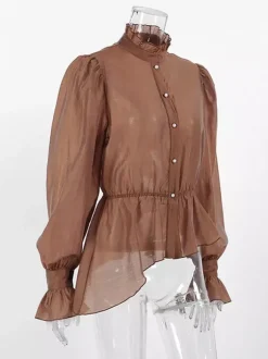 Chemisier marron à col montant pour femme style décontracté boutons en dentelle manches longues.