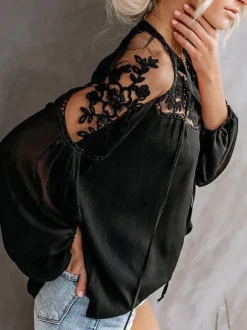 Chemisier Pour Femme Blanc Fleurs Transparentes Brodées Bohème Manches Longues Tops