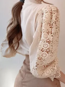 Chemisier Pour Femme Rose Dentelle Découpé Col Haut Décontracté Manches Longues Dentelle Tops