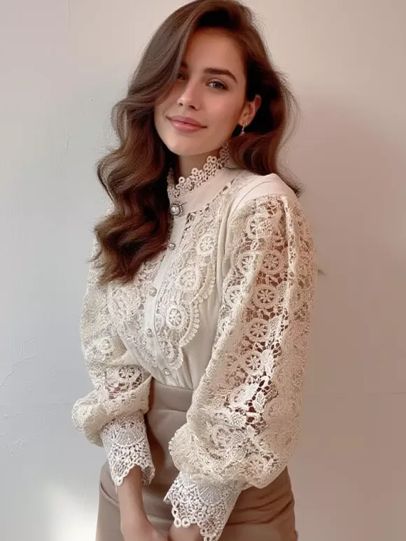 Chemisier Pour Femme Rose Dentelle Découpé Col Haut Décontracté Manches Longues Dentelle Tops