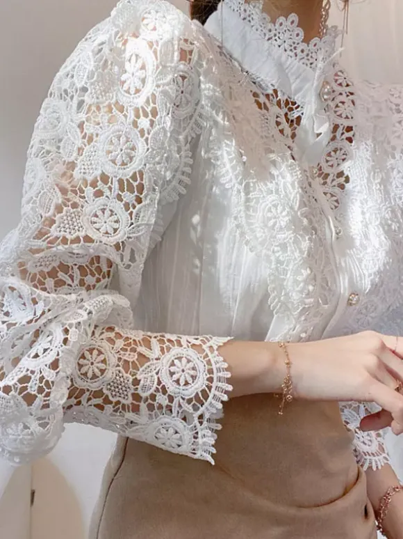 Chemisier Pour Femme Rose Dentelle Découpé Col Haut Décontracté Manches Longues Dentelle Tops
