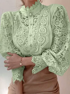 Chemisier Pour Femme Rose Dentelle Découpé Col Haut Décontracté Manches Longues Dentelle Tops