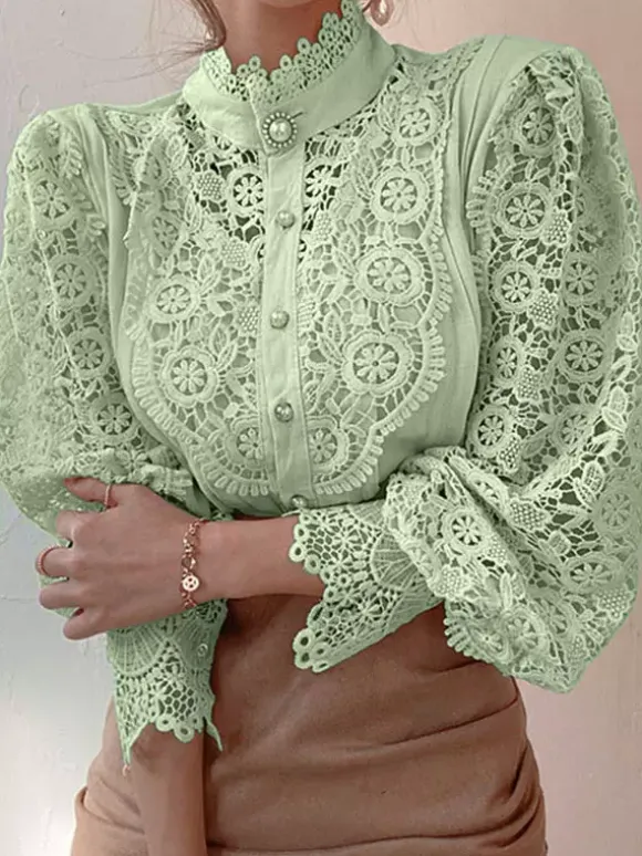 Chemisier Pour Femme Rose Dentelle Découpé Col Haut Décontracté Manches Longues Dentelle Tops