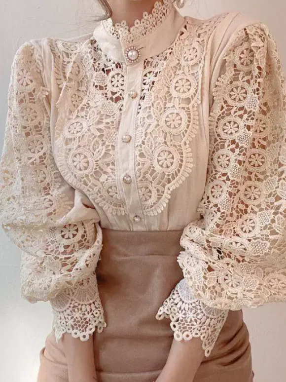 Chemisier Pour Femme Rose Dentelle Découpé Col Haut Décontracté Manches Longues Dentelle Tops