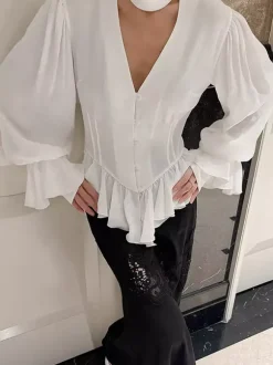 Chemisier péplum blanc élégant pour femme - Col V dos nu manches lanternes coupe ajustée - Idéal pour le printemps et le soir (2026)