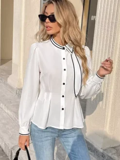 Chemisier péplum à col bordé noir col n艙ud papillon manches longues coupe ajustée
