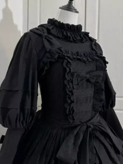 Chemisiers gothiques Lolita Haut Lolita noir à manches longues Volants N艙uds Chemise Lolita jacquard