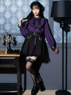 Chemisiers gothiques Lolita haut Lolita violet à manches longues volants en dentelle chemise Lolita à blocs de couleurs