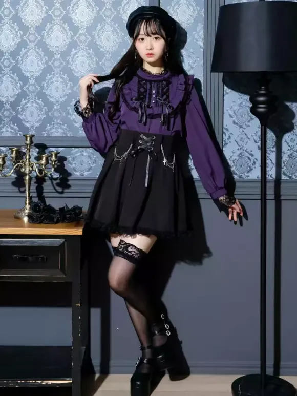 Chemisiers gothiques Lolita haut Lolita violet à manches longues volants en dentelle chemise Lolita à blocs de couleurs