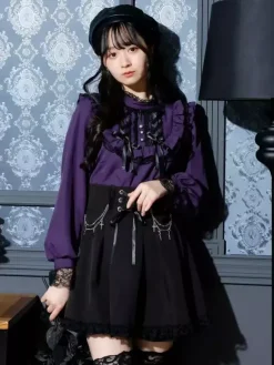 Chemisiers gothiques Lolita haut Lolita violet à manches longues volants en dentelle chemise Lolita à blocs de couleurs