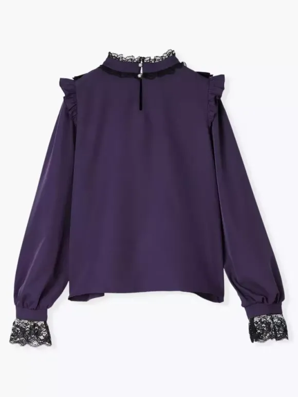 Chemisiers gothiques Lolita haut Lolita violet à manches longues volants en dentelle chemise Lolita à blocs de couleurs