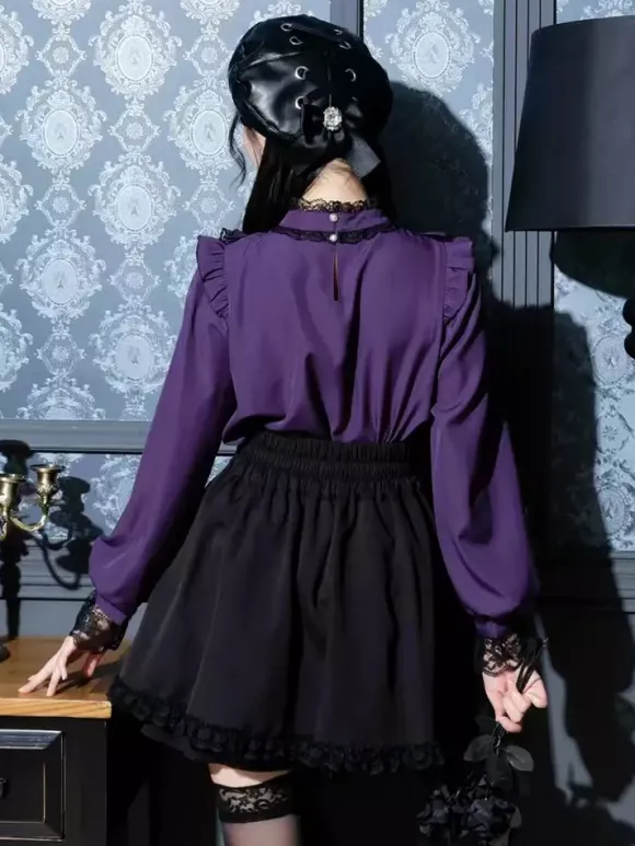 Chemisiers gothiques Lolita haut Lolita violet à manches longues volants en dentelle chemise Lolita à blocs de couleurs