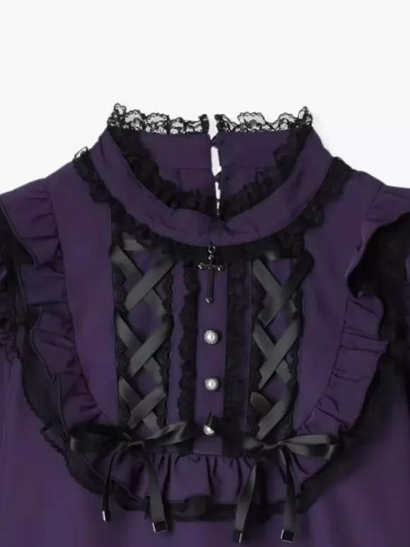 Chemisiers gothiques Lolita haut Lolita violet à manches longues volants en dentelle chemise Lolita à blocs de couleurs