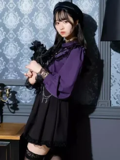 Chemisiers gothiques Lolita haut Lolita violet à manches longues volants en dentelle chemise Lolita à blocs de couleurs