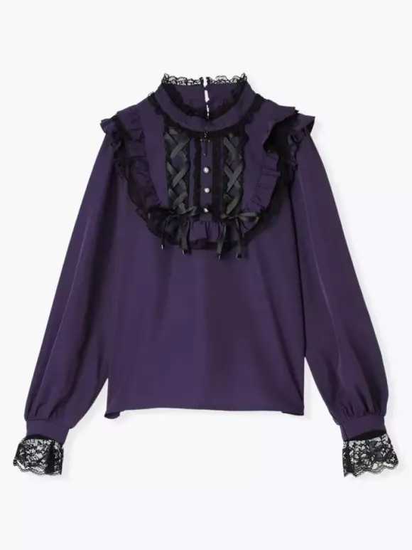 Chemisiers gothiques Lolita haut Lolita violet à manches longues volants en dentelle chemise Lolita à blocs de couleurs