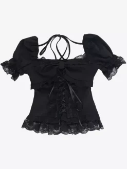Chemisiers gothiques Lolita noirs à manches courtes et volants en dentelle haut Lolita en dentelle