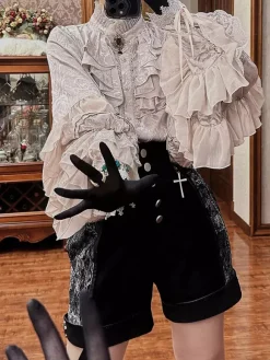 Chemisiers gothiques Lolita haut Lolita abricot manches longues volants en dentelle imprimé floral chemise Ouji Lolita