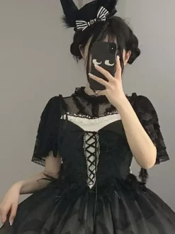 Chemisiers Gothiques Lolita Chemise Noire À Manches Courtes Volants En Dentelle Vintage