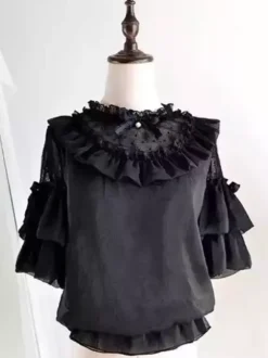 Chemisiers gothiques Lolita blancs à manches courtes et n艙uds en dentelle haut Lolita en dentelle