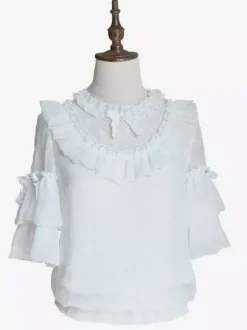 Chemisiers gothiques Lolita blancs à manches courtes et n艙uds en dentelle haut Lolita en dentelle