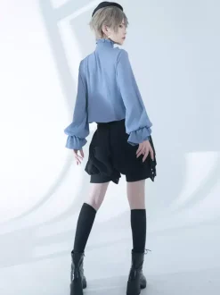 Chemisiers gothiques Lolita Chemisier à manches longues avec n艙uds Haut Lolita Chemise Lolita bleu ciel clair