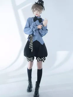 Chemisiers gothiques Lolita Chemisier à manches longues avec n艙uds Haut Lolita Chemise Lolita bleu ciel clair