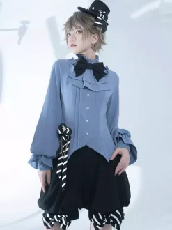 Chemisiers gothiques Lolita Chemisier à manches longues avec n艙uds Haut Lolita Chemise Lolita bleu ciel clair