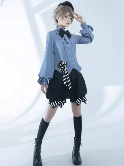 Chemisiers gothiques Lolita Chemisier à manches longues avec n艙uds Haut Lolita Chemise Lolita bleu ciel clair