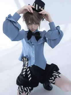 Chemisiers gothiques Lolita Chemisier à manches longues avec n艙uds Haut Lolita Chemise Lolita bleu ciel clair