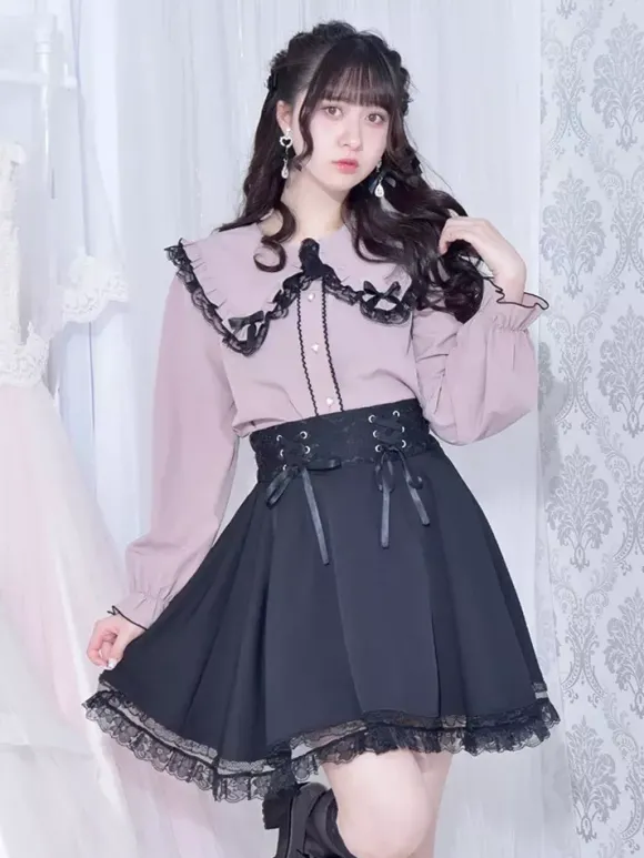 Chemisiers gothiques Lolita haut Lolita blanc à manches longues n艙uds en dentelle chemise Lolita à blocs de couleurs