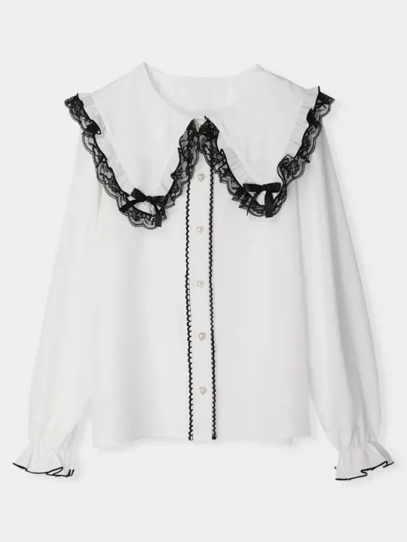 Chemisiers gothiques Lolita haut Lolita blanc à manches longues n艙uds en dentelle chemise Lolita à blocs de couleurs