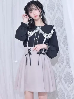Chemisiers gothiques Lolita haut Lolita blanc à manches longues n艙uds en dentelle chemise Lolita à blocs de couleurs